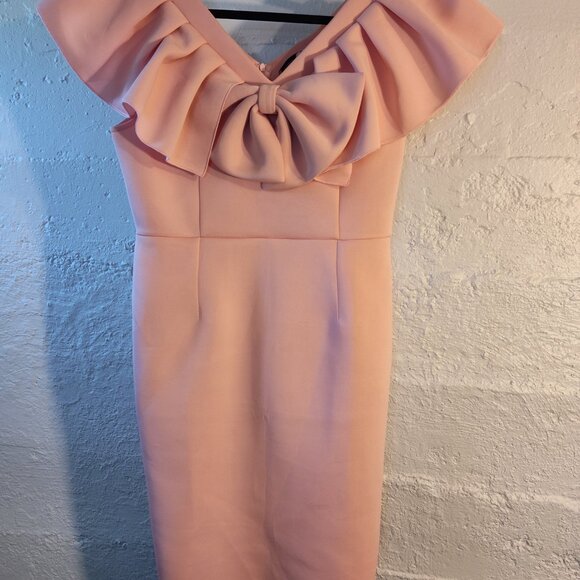 Aomei Peach Bodycon Ruffle Top Bow Zipper Back Scuba Fabric Midi Dress Size 1X - Picture 10 of 11